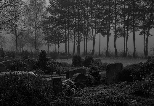 Friedhof abends im Nebel