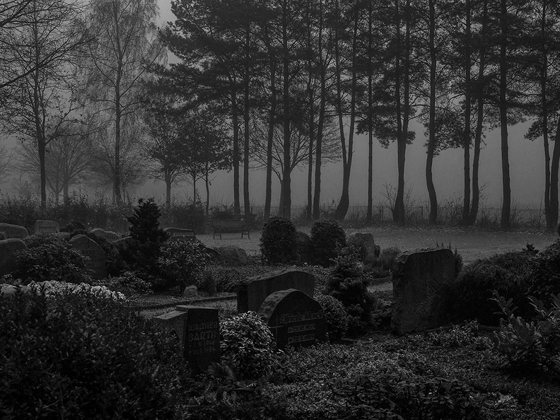 Friedhof abends im Nebel